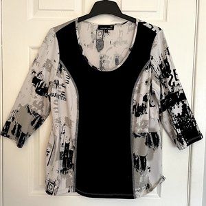 Laura, graphic print, 3/4 sleeved, black and white top